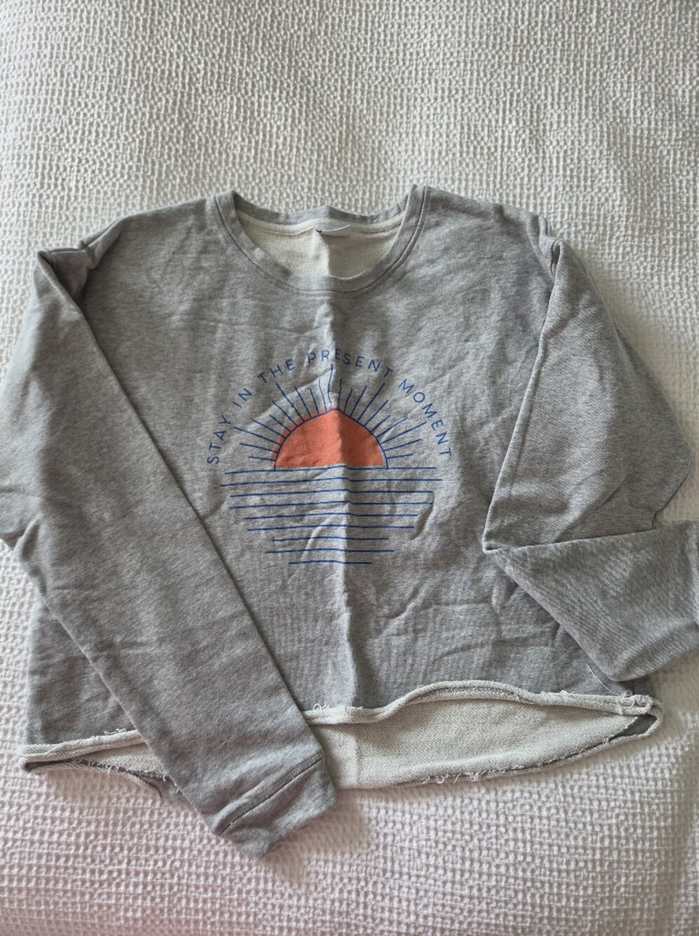Top of the World Gray Sweatshirt with Orange Sun and Blue Graphic